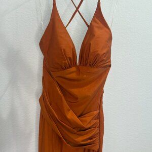 Mermaid Pleated Stretch Satin Dress in burnt orange (Xs)